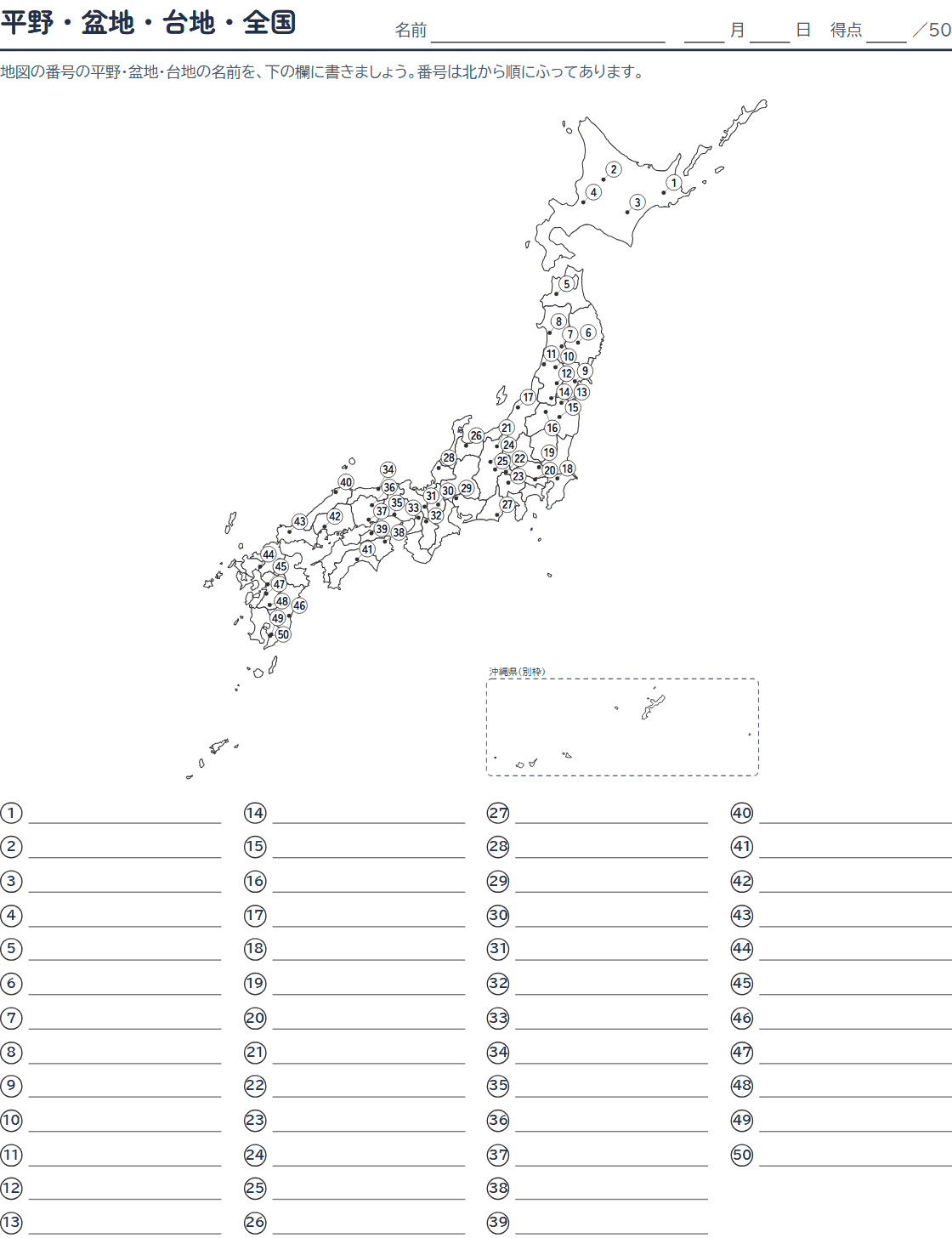 平野・盆地・台地の白地図プリント(問題)