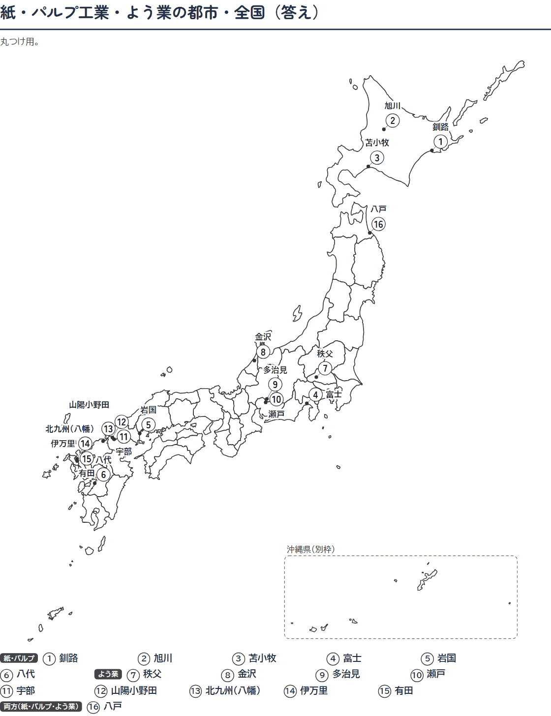 紙・パルプ工業・よう業の都市の白地図プリント(答え)