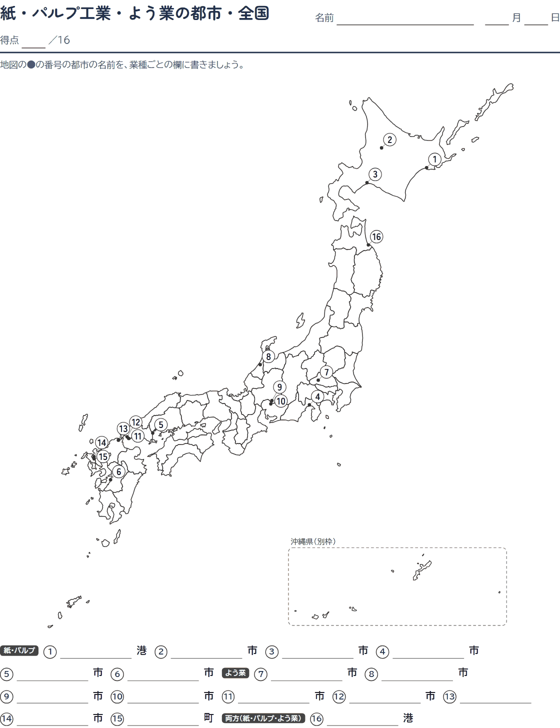 紙・パルプ工業・よう業の都市の白地図プリント(問題)