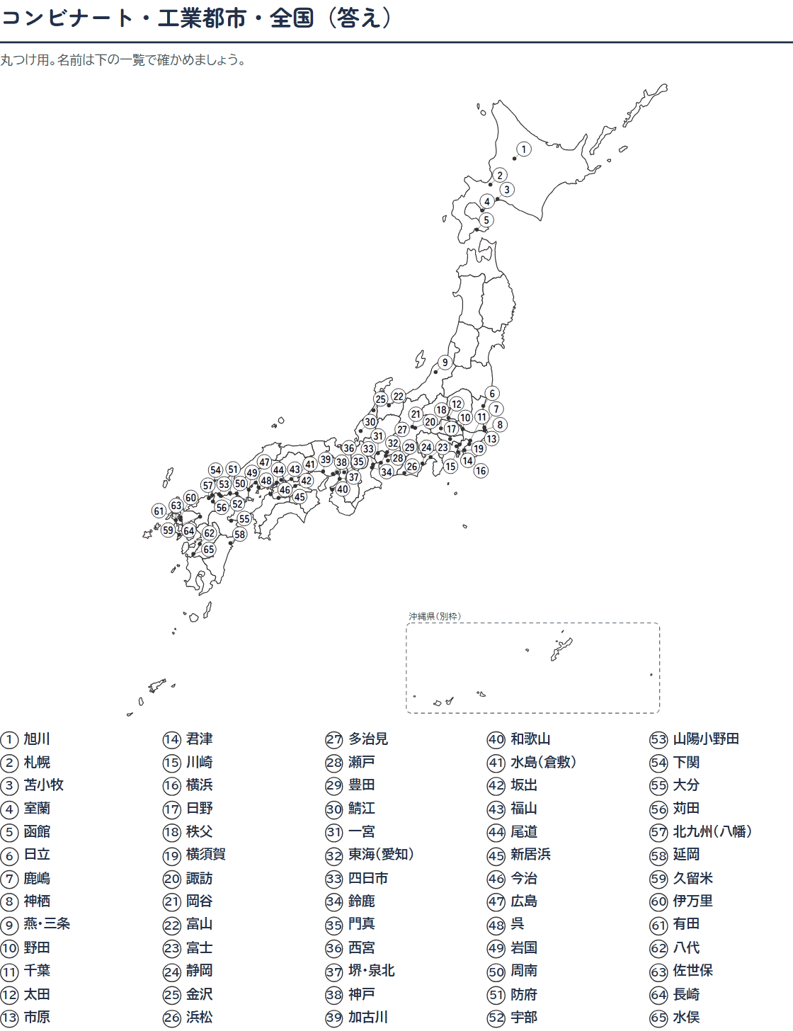 コンビナート・工業都市の白地図プリント(答え)