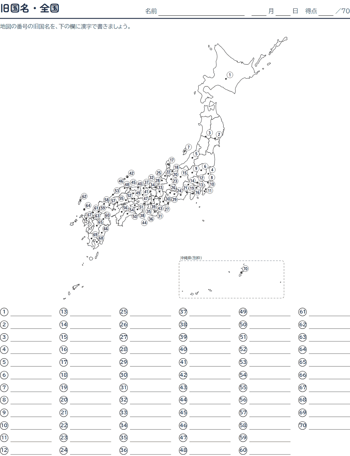 旧国名の白地図プリント(問題)
